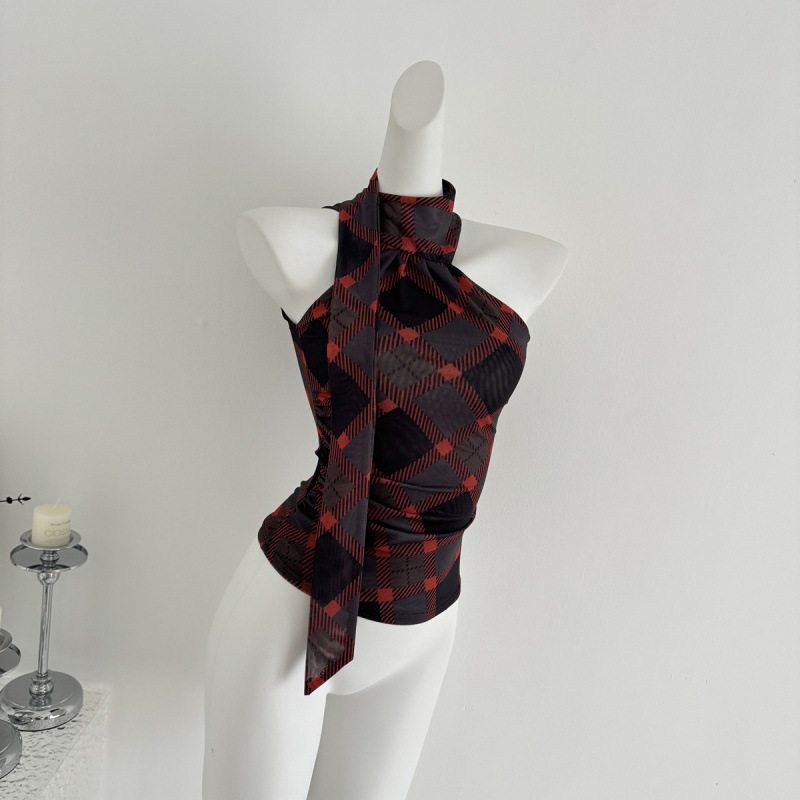 2025 Spring Hot Girl Halter Neck Slightly Transparent Plaid Vest for Women, New Vintage Street Style Red S