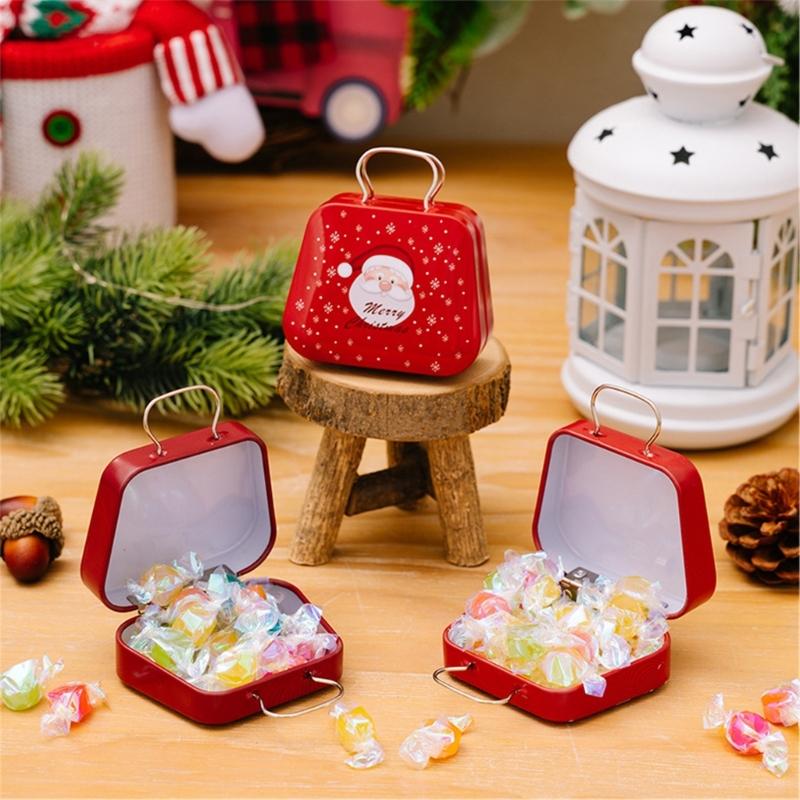 2Pcs Portable Christmas Iron Candy Container Christmas Cheer Candy Holders Snacks Case with Colorful Seasonal Pattern
