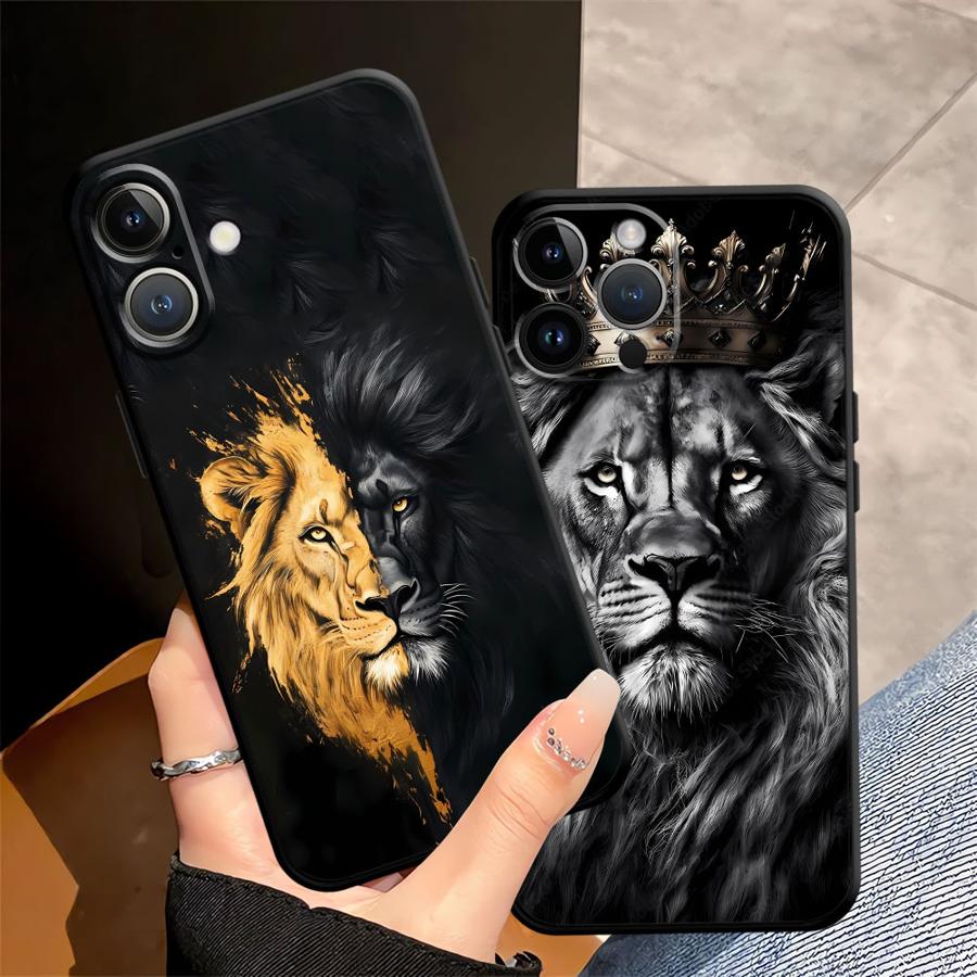 Black Soft Phone Cover Case for iPhone XR 7 8 17Air 15 16 14 Plus XS Max 13 12 11 17 Pro Max Animal Lion Pattern