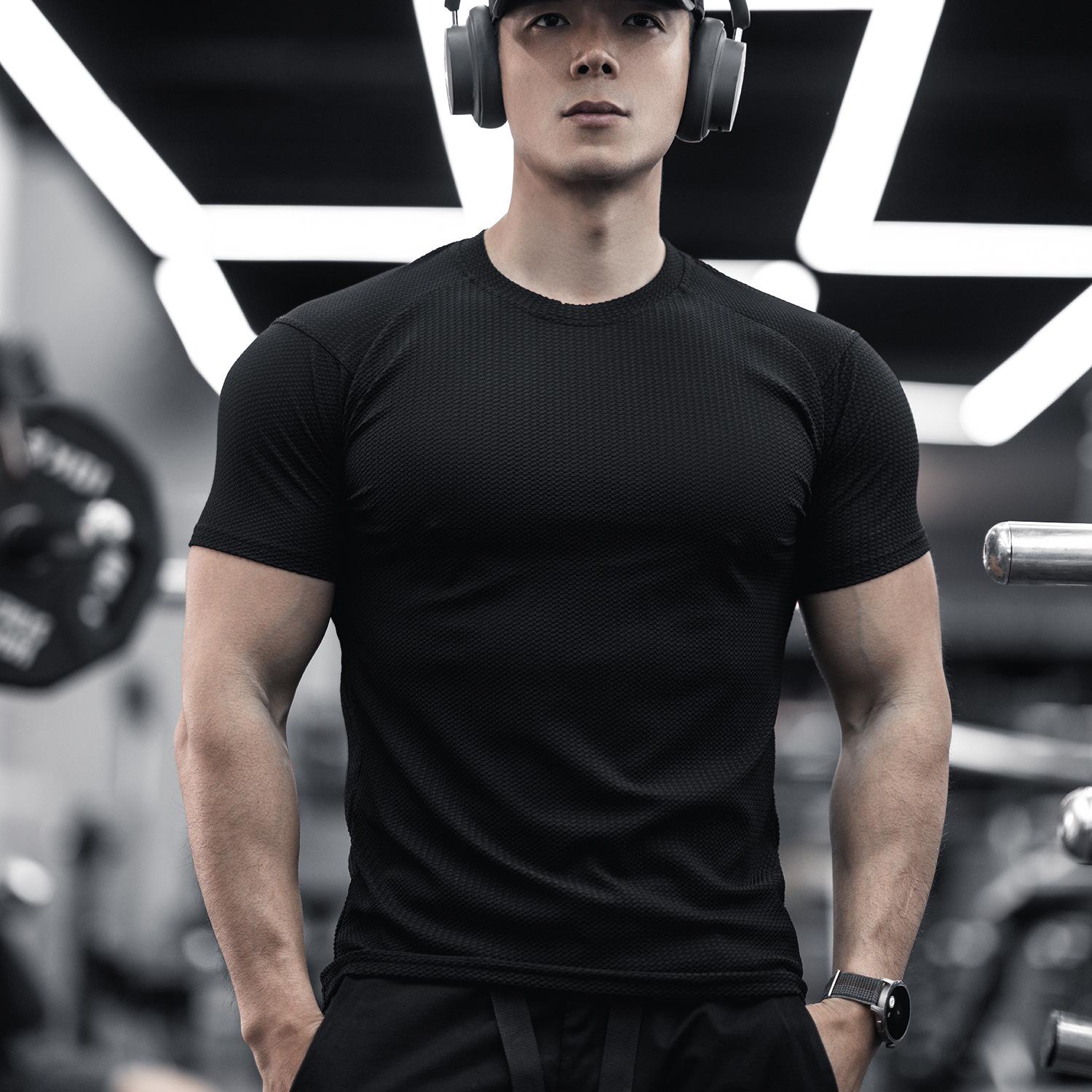 Men s Summer Quick-Dry Slim Fit Sports T-Shirt 2XL чёрный