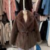 Fur jacket, thickened and warm fox fur coat with belt in autumn and winter, fashionable plush women's clothing