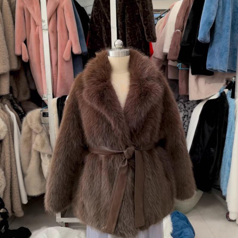 Pelzjacke, verdickter und warmer Fuchspelzmantel mit Gürtel für Herbst und Winter, modische Plüsch-Damenbekleidung