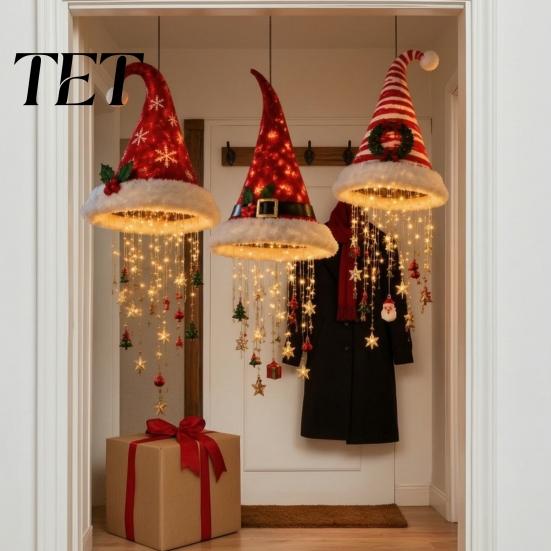 Christmas Hat Shaped Wall Decor Lighted Santa Hanging Chandelier, Warm LED String, Sequined Cone Pendant with Reusable Xmas Entrance Decorations Chime