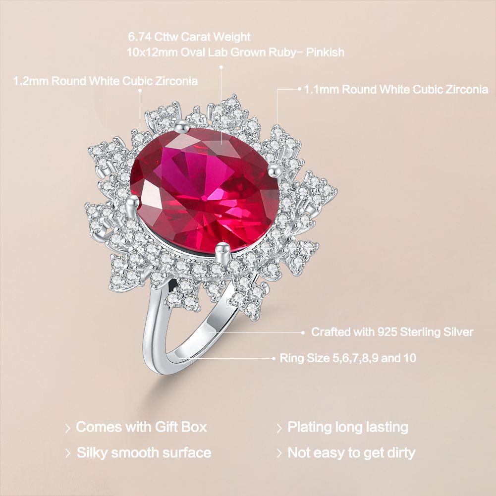 Classic 6.7 Carat Colored Treasure Ring Grand Main Stone S925 Sterling Silver Set Cultured Ruby Ring White