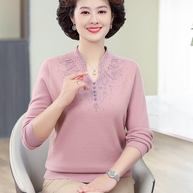 Autumn 2023 Stylish Cheongsam Collar Knit Top for Middle-aged & Elderly Women, Plus Size, Enhances Elegance