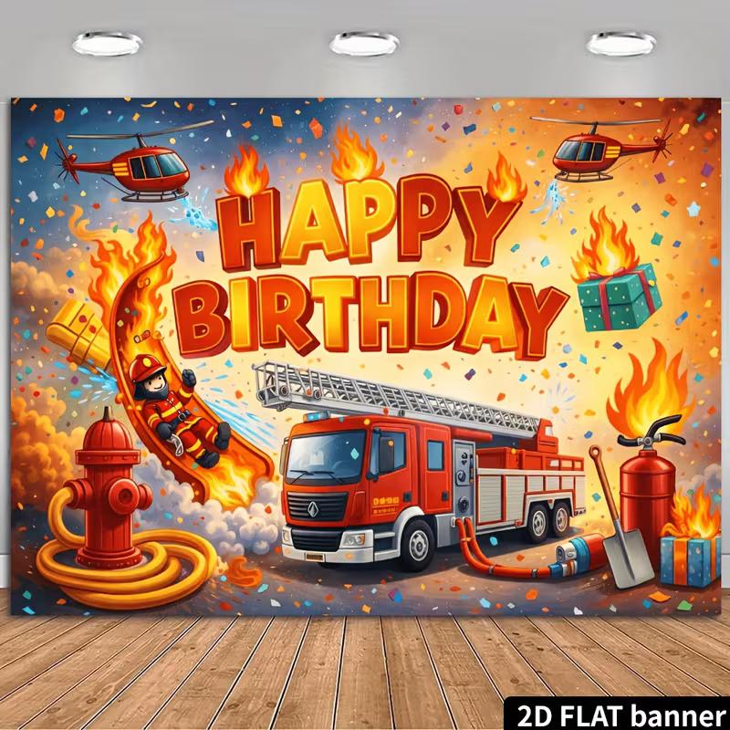 2D Fire Truck Birthday Backdrop, Firefighter & Helicopter Photography Background 47.2x31.5inch/120*80cm