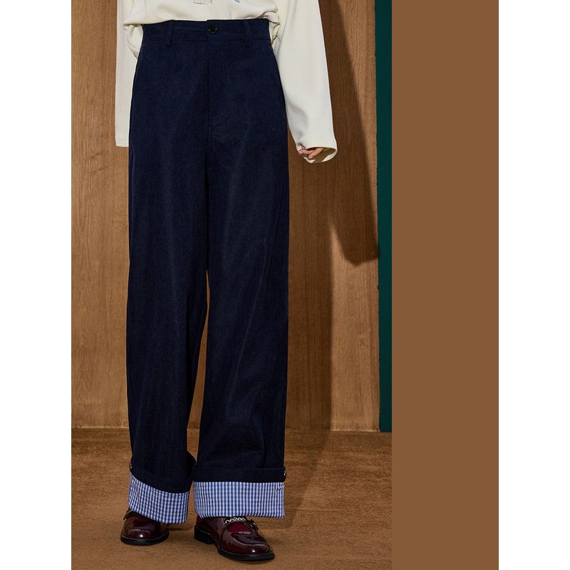 Coolhut Preppy Style Blue Plaid Contrast Corduroy Straight-Leg Slimming Winter New Women's Casual Pants