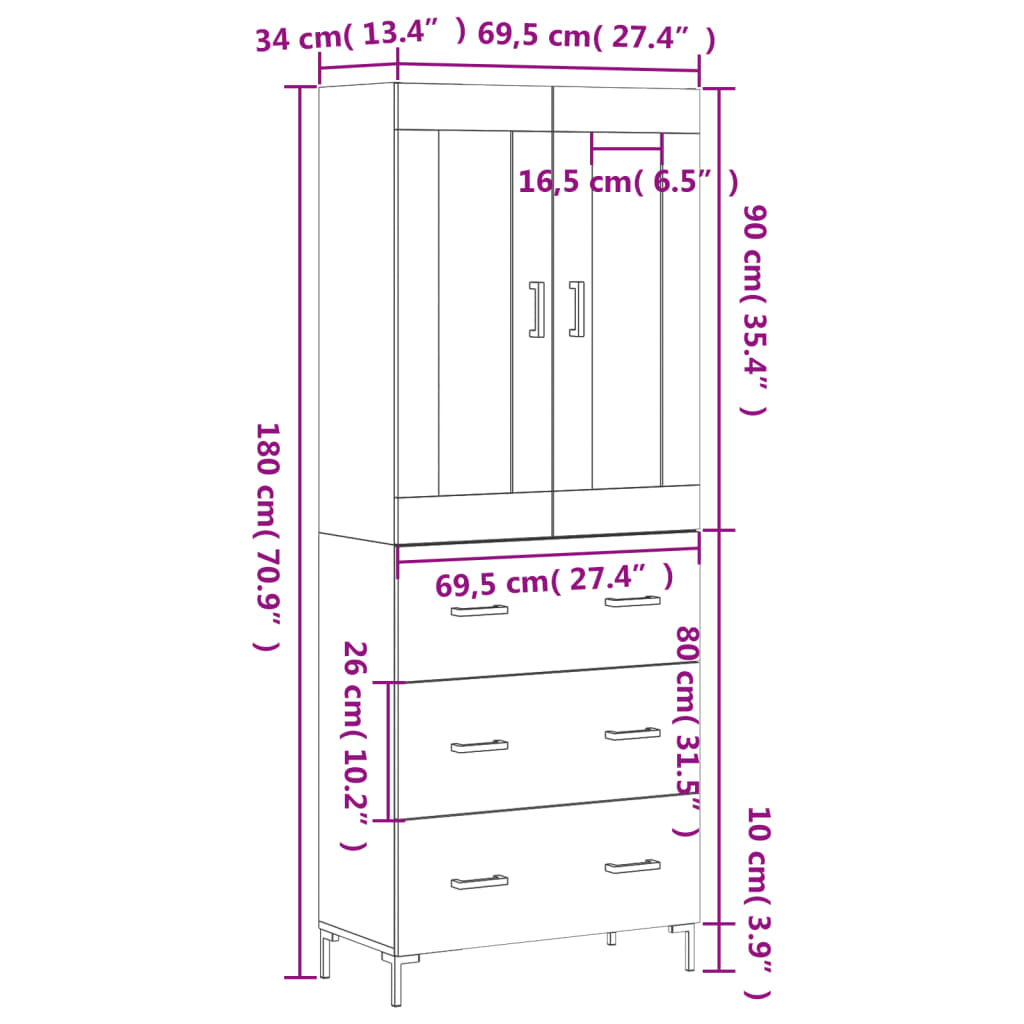 Highboard in Sonoma Oak Finish 27.4 x 13.4 x 70.9 in (W x D x H) Particleboard