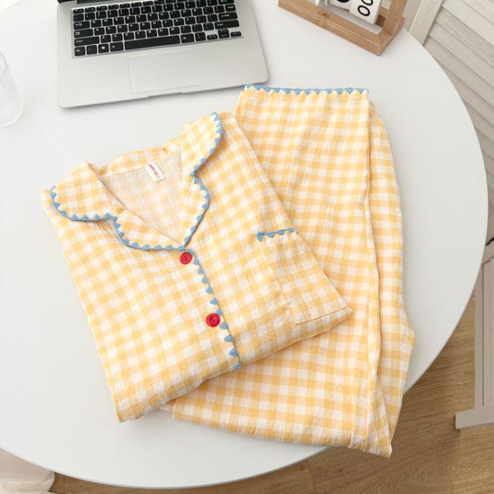 Yellow Plaid Shell-Edged Cloud Cotton Pajama Set for Women - Long Sleeve, Spring/Autumn Homewear with High-End Feel.