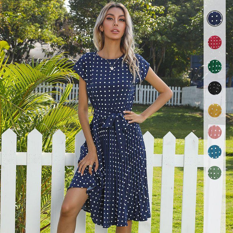 

2023 Short Sleeve Lace up Polka Dot Pleated Dress Dress Burgundy XL