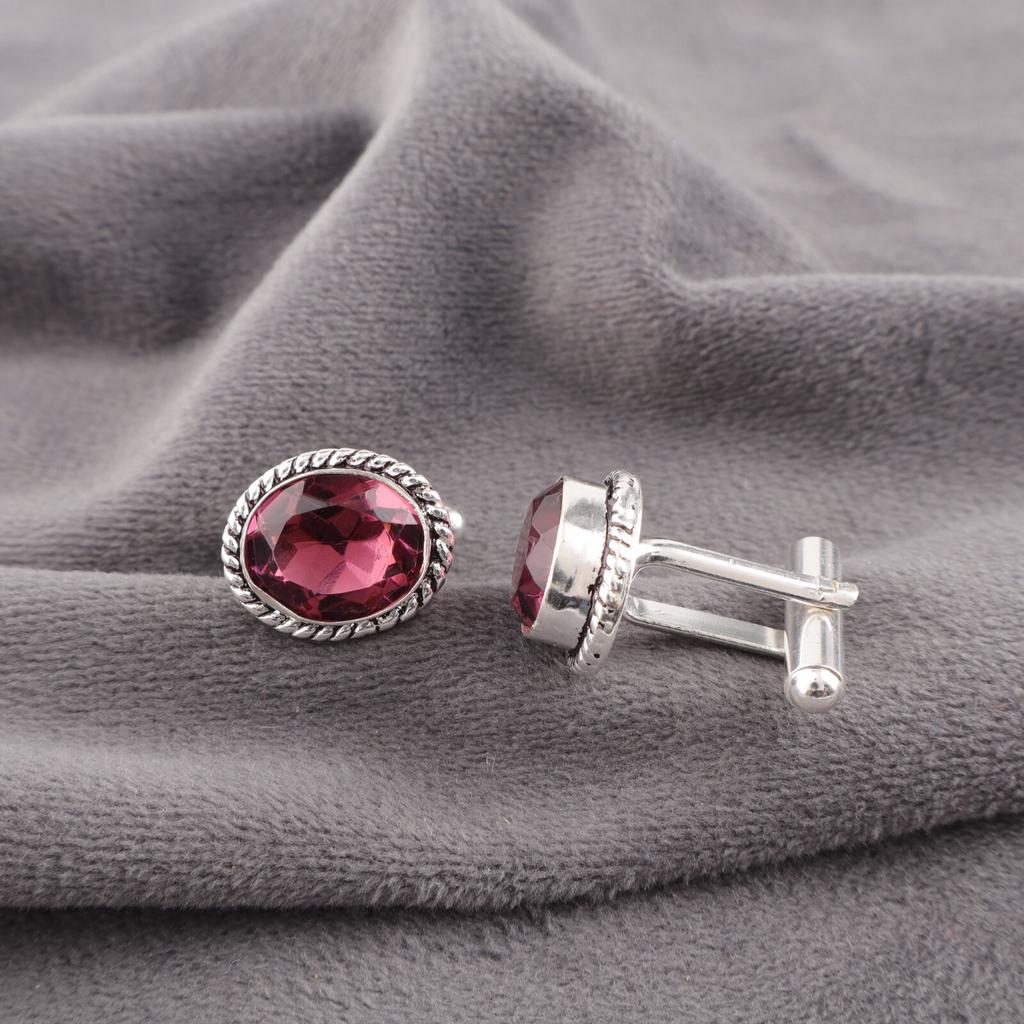 Rhodolite Gemstone 925 Sterling Silver Handmade Cufflinks 0.6" Jewelry For Men CL-1-15