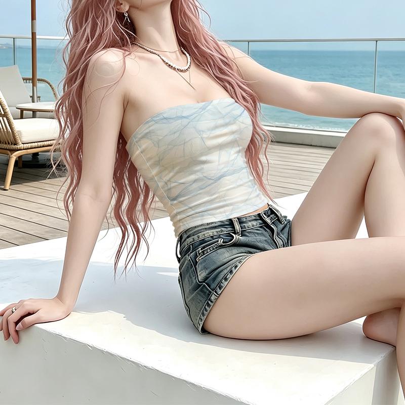 Women's Strapless Marble Print Tube Top, Summer Sexy Off-Shoulder Crop Top, Y2K Blue Line Pattern Bandeau