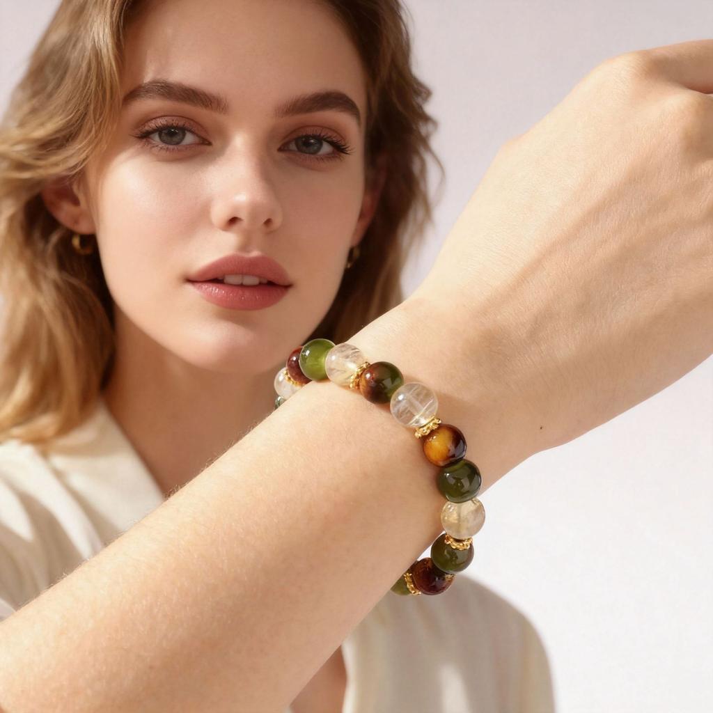 Festive Gifts Tiger Eye Green Aventurine And Rutilated Quartz Beaded Bracelet Natural Fashion Jewelry Daily Wear Simple Versatile Accessory