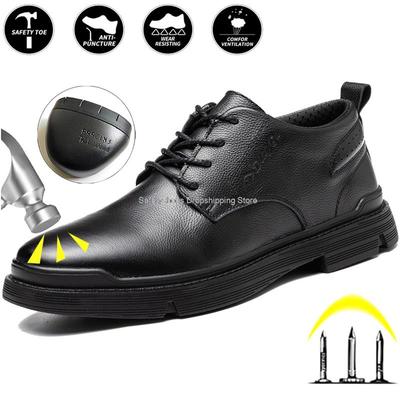Fashion Split Leather Safety Shoes Men Steel Toe Sneaker Black Work Boots Kitchen Bussiness Safety Boots Industrial Work Shoes Man Boots