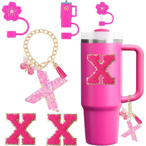 Cup Accessories Set for Stanley Cup 30oz 40oz tumbler with handle, Including Silicone Straw Topper Cover Cap, Handle Charm, Initials Sticker Fuchsia