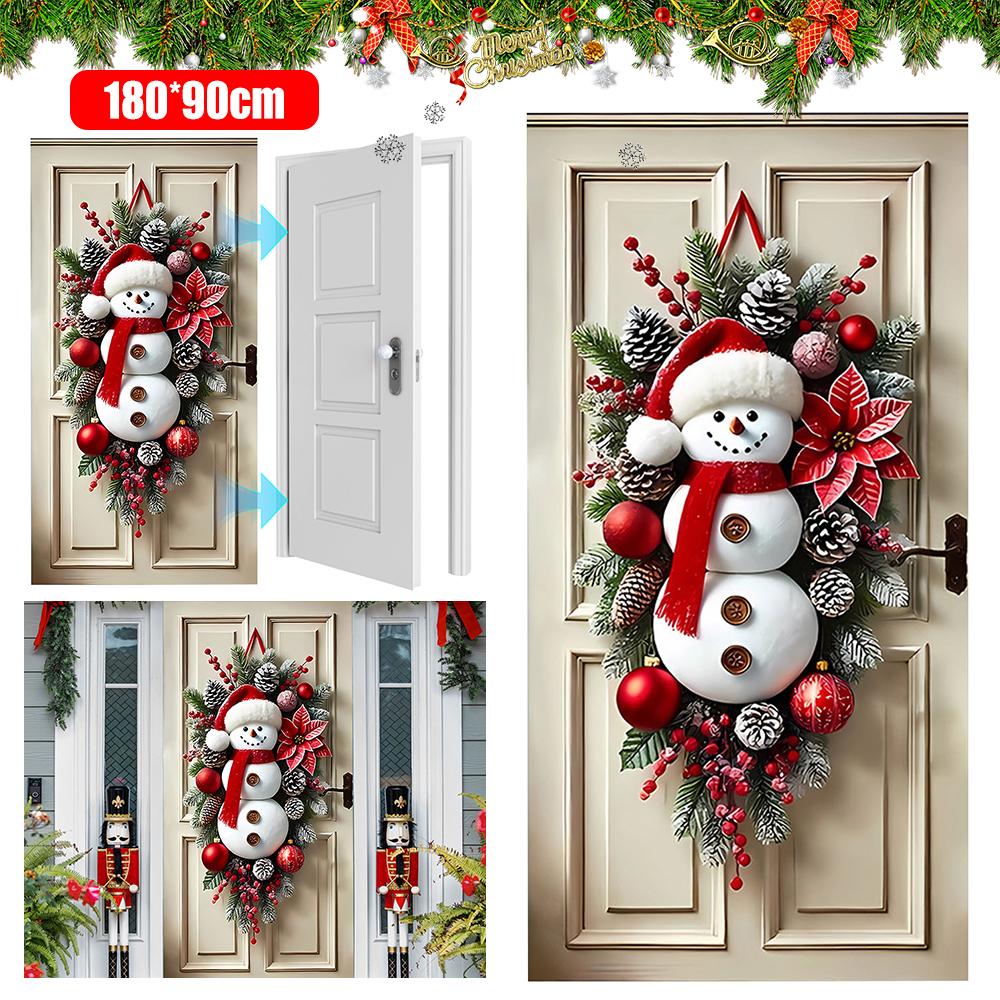 Christmas Door Cover Decoration Santa Claus New Year Xmas Background Decor Outdoor Photo Door Curtain Hanging Blanket 180X90CM