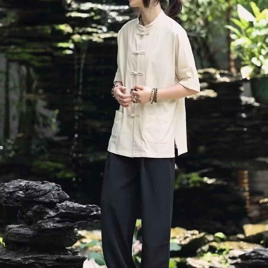 

Летняя новая рубашка белого цвета в китайском стиле с короткими рукавами и пуговицами-лягушками, повседневный костюм Тан, не требующий глажки топ из ледяного шелка для мужчин 3XL белый