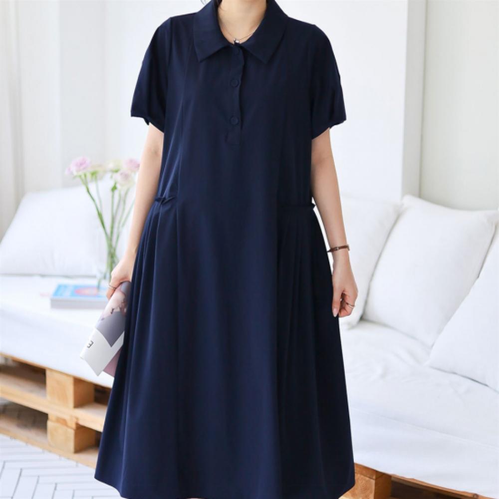 New Arrivals Open Run Women Nylon Large Button Collar Short Sleeve Pleated Longd