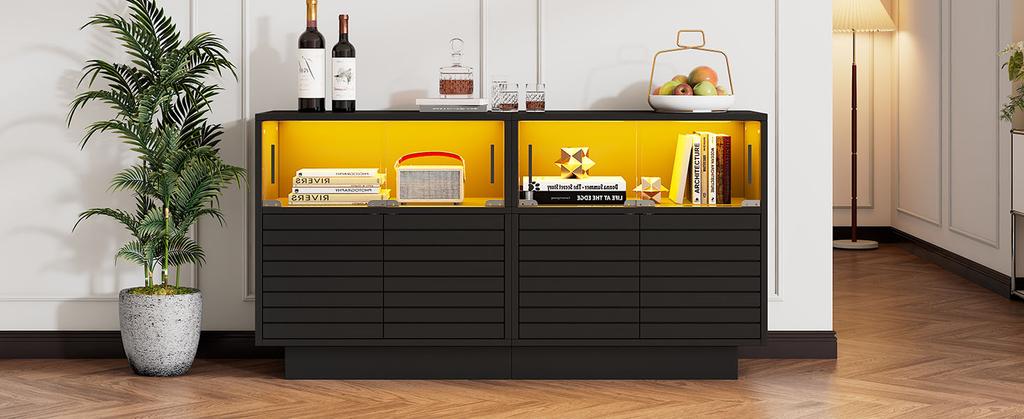 130*35*68cm Sideboard with 2 Cabinets, 4 Compartments, Glass Doors, Side Cabinet with LED Light, Living Room Cabinet with Lots of Storage Space