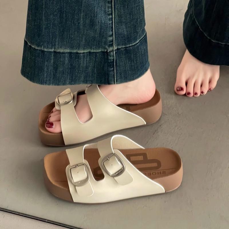 Retro buckle with thick bottom one-word slippers, summer fashion new height-increasing lazy beach wear cool slippers