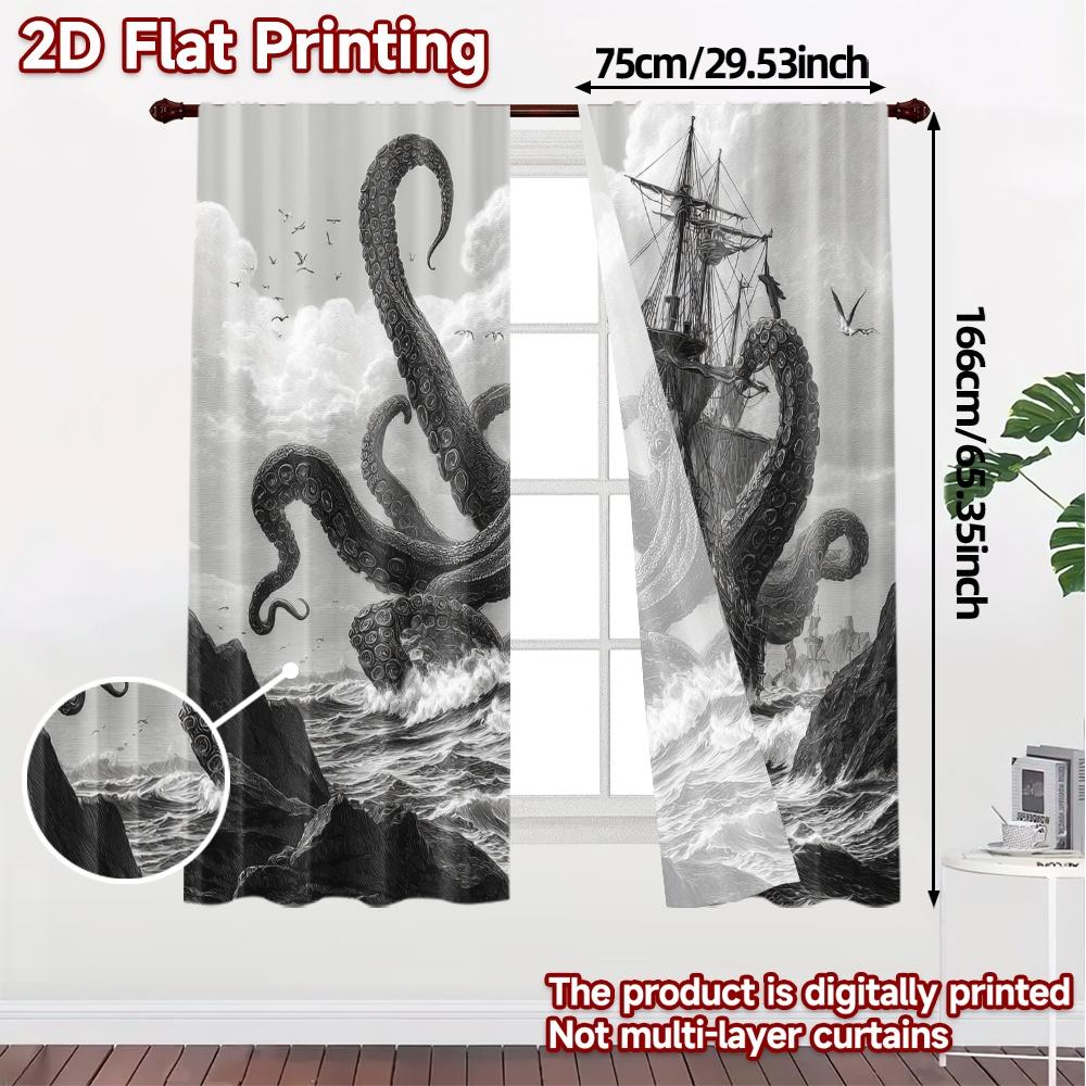 2pcs, 2D FLAT PRINTING Curtains (Without Rod) Krakens Wrath Modern Modern Curtains Polyester Easy Install Curtains Room Decor