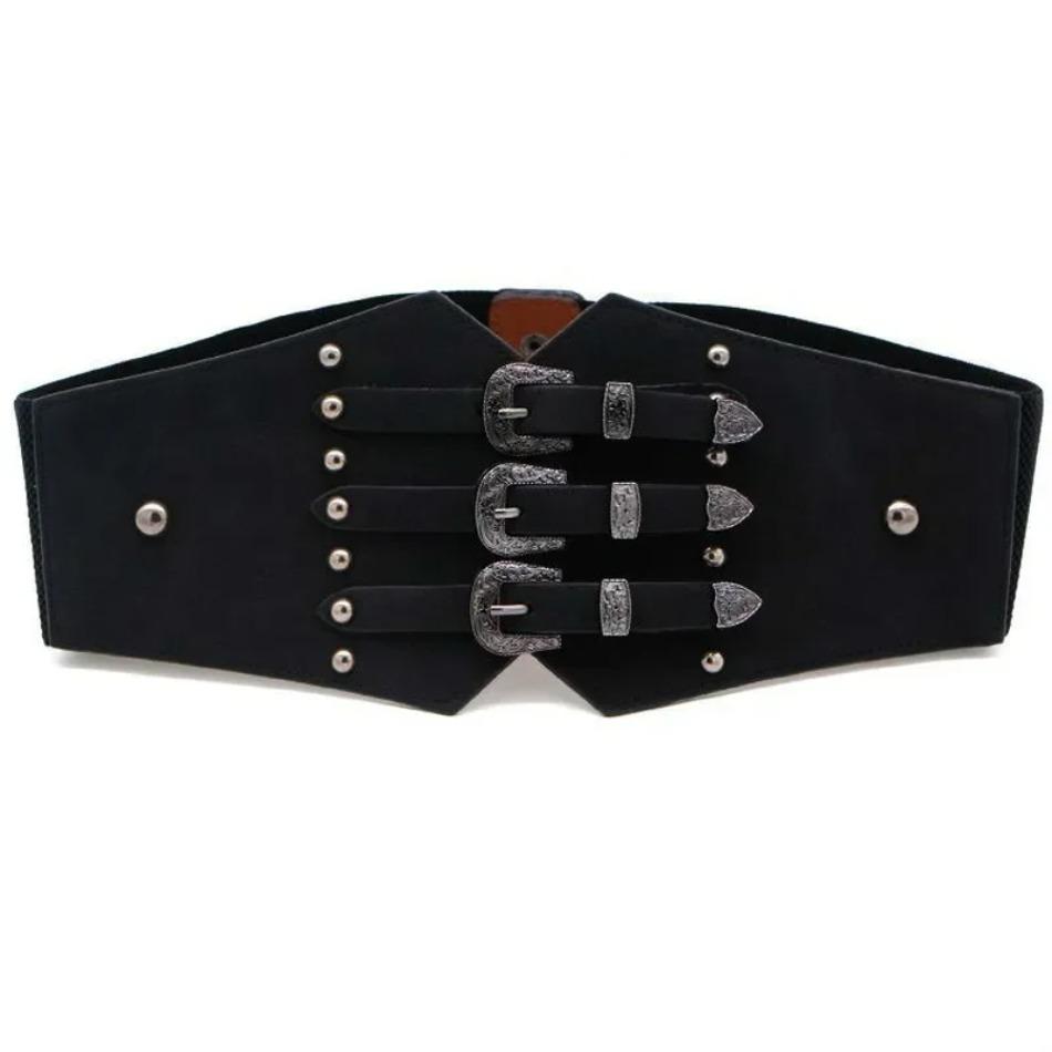 1 Pcs Fashion Women Wide Belt New Metal Buckle Elastic Waistband Leather Rivet Ultra for Stretch Thick Waist Dress