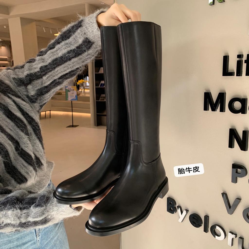 Cowhide version~ Grape mother, the same long boots, women's knight boots, genuine leather, low thick heel, thick bottom, side zipper, high boots.