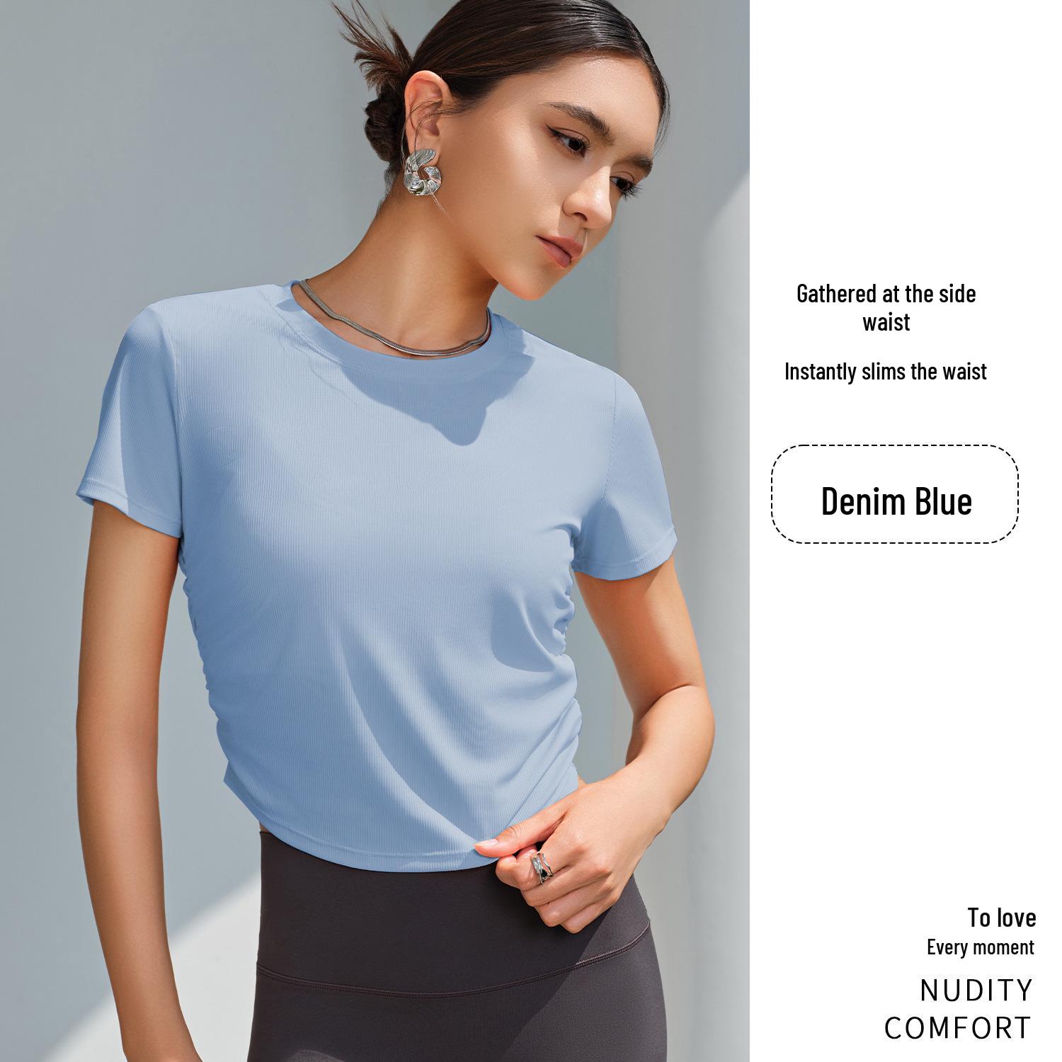 

Женский быстросохнущий топ для йоги Jiuyi облегающего кроя, дышащий рубчатый с коротким рукавом и деталями сборок по бокам Large