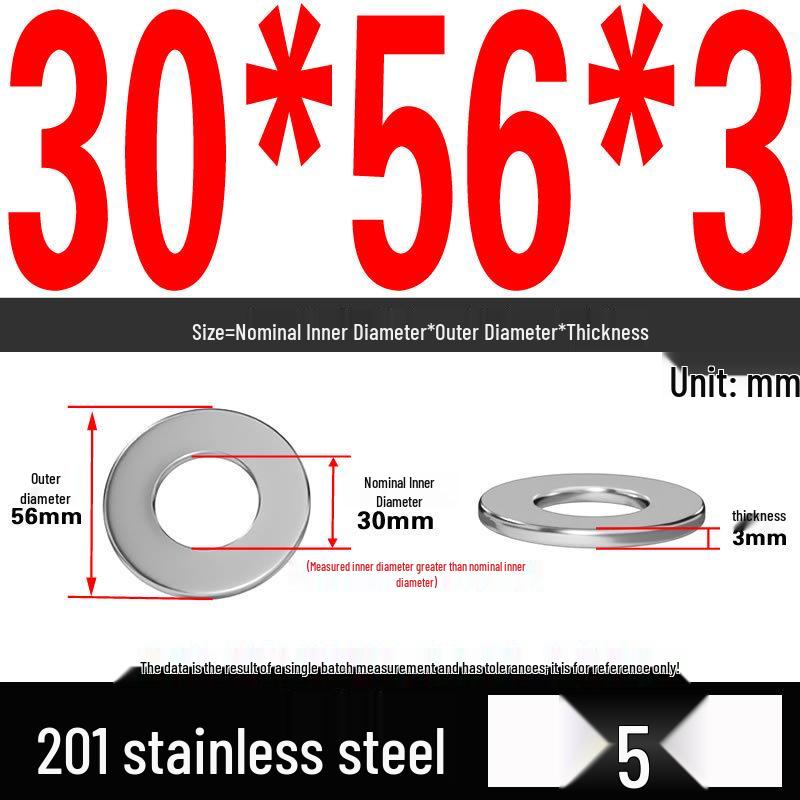 201 Stainless Steel Flat Washer Shim, GB97, Sizes M3 to M30