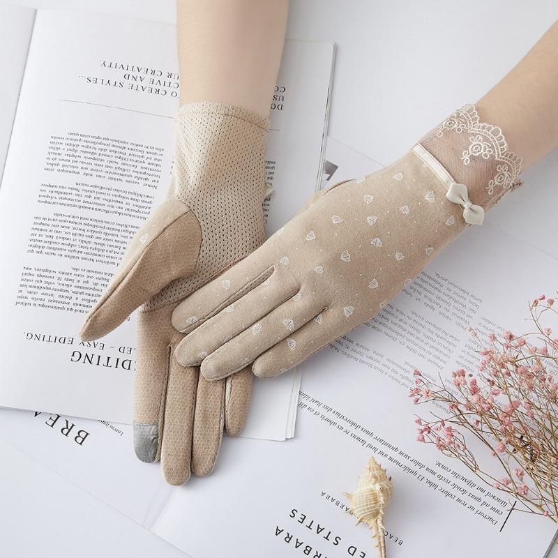 Damen Sonnenschutzhandschuhe Neue Frühling und Sommer Fahrhandschuhe Spitze Schleife Reiten Rutschfest Dünne Touchscreen-Handschuhe