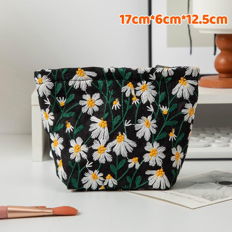Canvas Cosmetic Bag with Floral Embroidery for Women Perfect Travel and Makeup Organizer