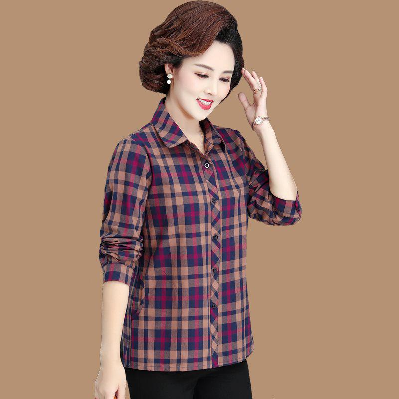 Women s Pure Cotton Plaid Long Sleeve Shirt for Middle-aged & Elderly 5XL (150-165 kg)