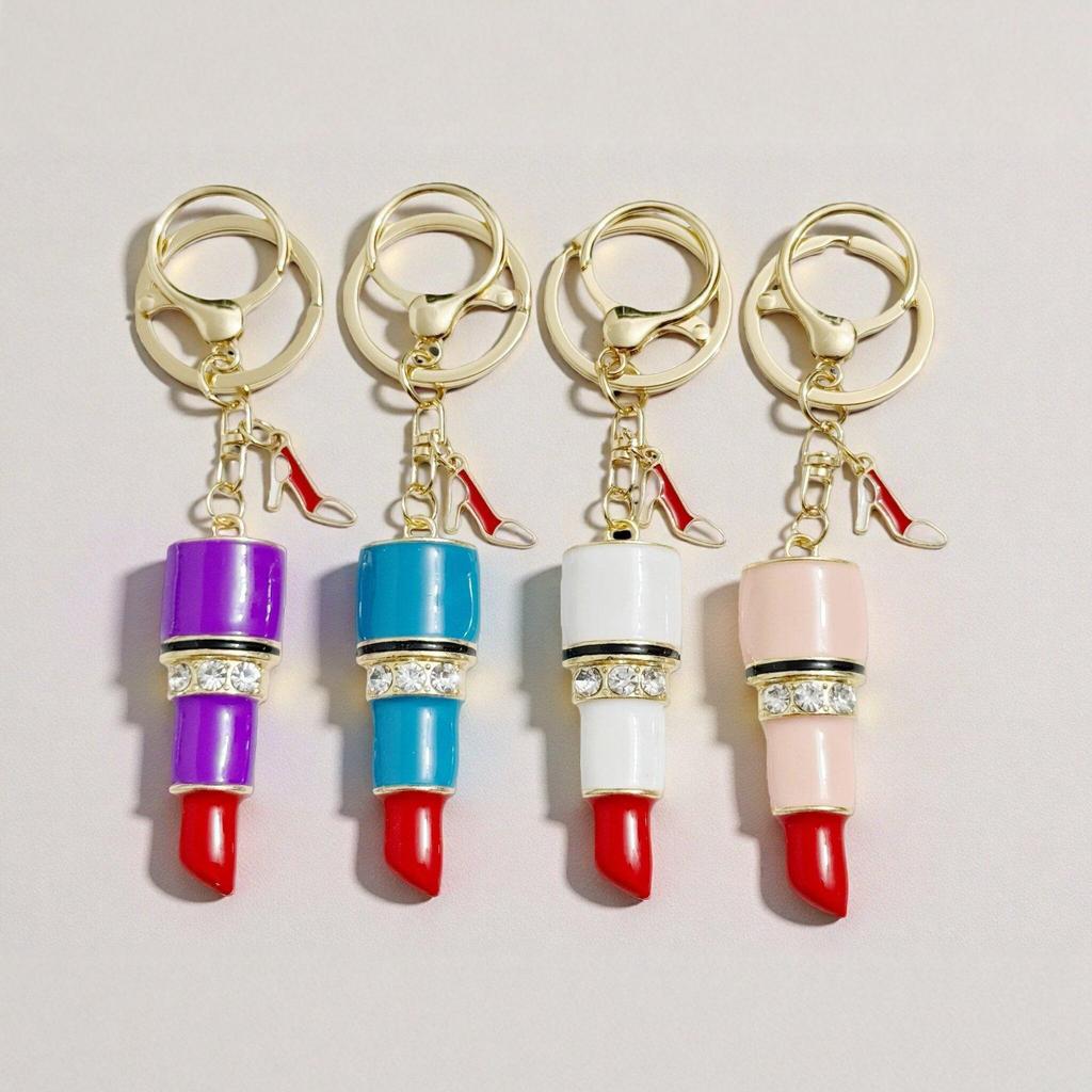 Rhinestone High Heel Lipstick Car Keychain - Women's Creative Metal Bag Pendant Gift