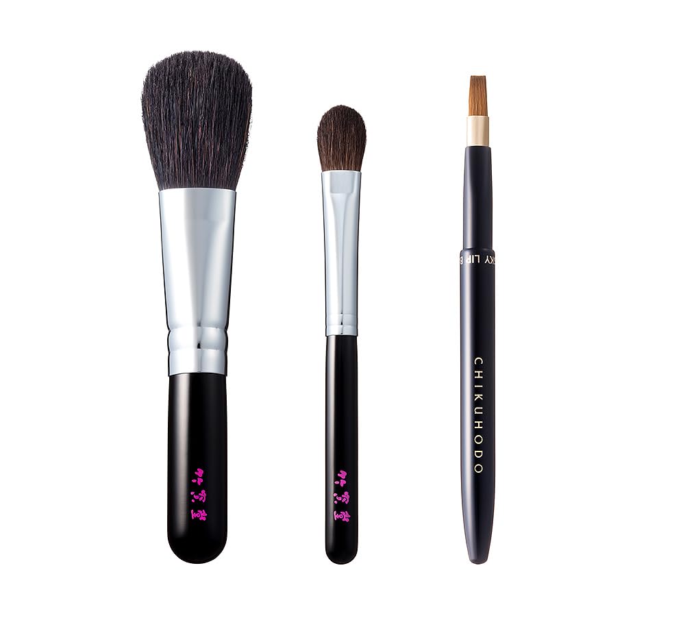 Kumano Fude Chikuhodo Genuine Original Gift 3 Piece Set Eye Shadow Lip Comes with Cosmetic Box BR-2 (Cheek (Horse), (Horse), (Weasel))