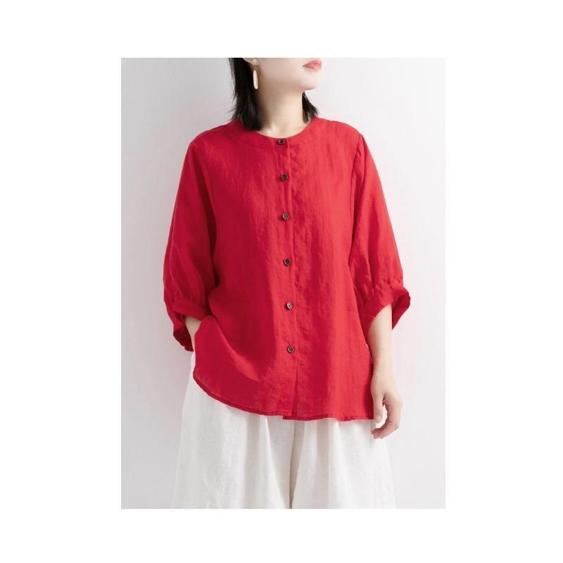Summer Cotton Shirt Women's Lantern Sleeve Retro Blouse Large Size Loose Mid-sleeved Shirt Women