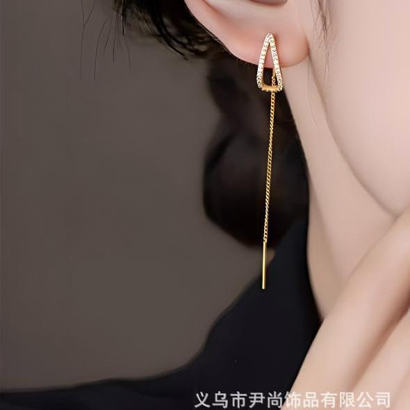 Copper-Plated Real Gold, Slightly Inlaid Zircon, Water Drop-Shaped Long Fringed Earrings, Niche Design Sense, Fashionable Earphones, Exquisite
