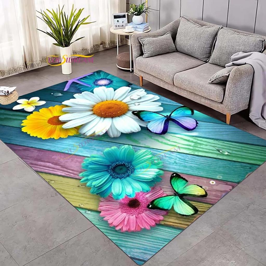 Koberec 3D Daisy Flowers Butterflies Velkoplošné koberce Barevný Butterfly Sunflower Koberec do obývacího pokoje Ložnice Herna Domácí dekorace