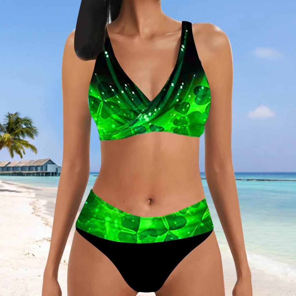 Dámské plavky s kontrolou bříška, sexy plavky s vysokým pasem, potištěné, s výstřihem do V, barevný blok, plážové bikiny, dvoudílné plavky pro dospívající dívky