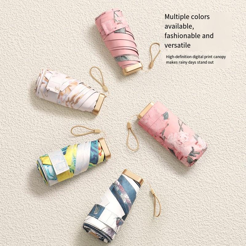 Oil Painting Sunscreen Parasol Outdoor Convinient Five Folding Umbrella With Uv Protection Portable Stylish Women'S Sun Umbrella