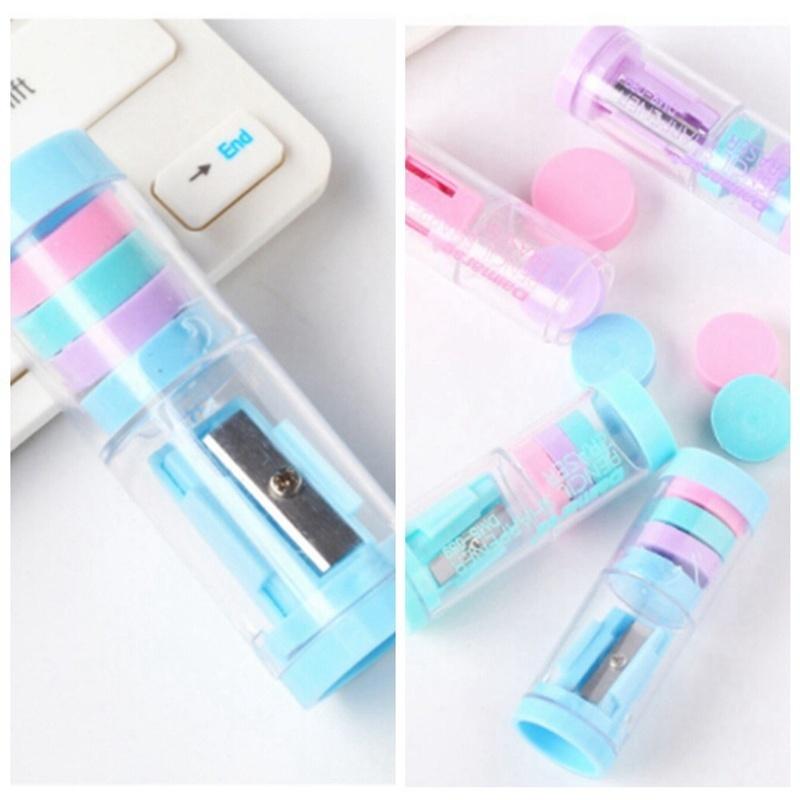 Candy Color Mini Pencil Sharpener and Erasers Stationery Pencil Sharpener Style Random