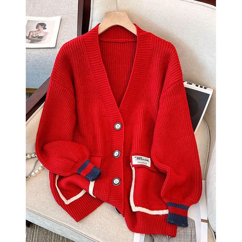 Women s College Style V-Neck Knitted Cardigan L