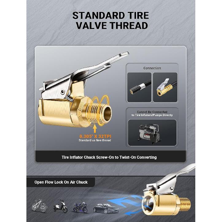 2 Pcs Brass Locking Tire Air Chuck, Tire Inflator Hose Adapter for Twist On Connection Convert to Lock On, No Air Leakage Air Compressor Pump Clip On