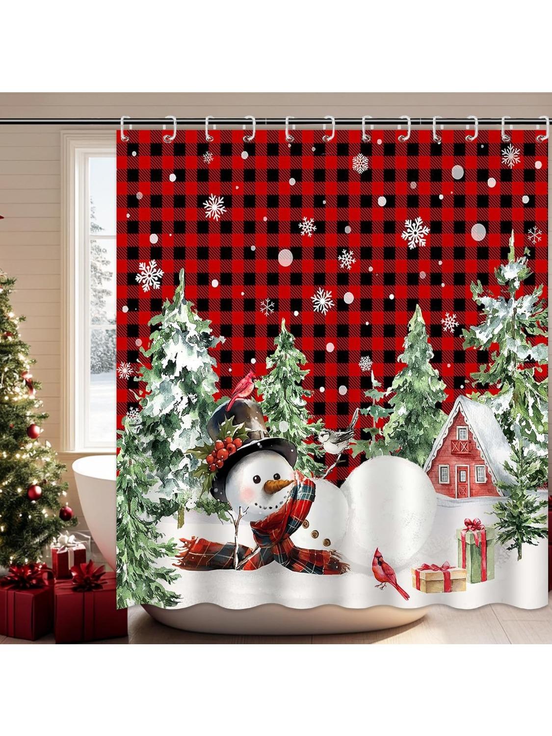 Merry Christmas Shower Curtain Cute Snowman Shower Curtain With 12 Hooks Red Buffalo Check Plaid Xmas Trees Winter Snowflake W60H190(CM)-1 Pcs