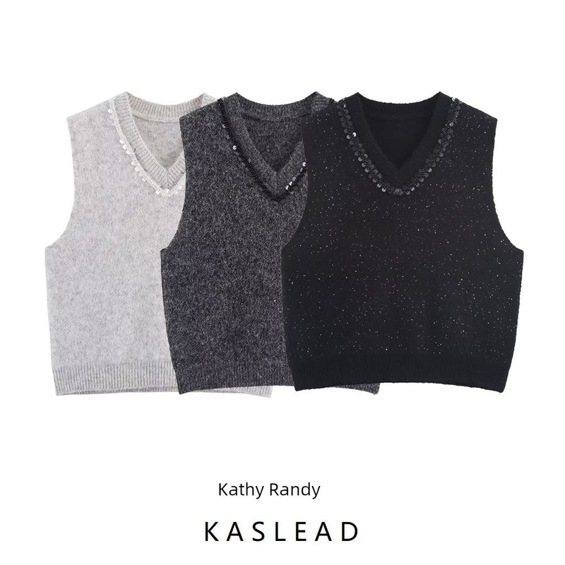 Kaslead New Women Clothes Western Style Simple and Versatile Sequined Neckline Decoration Knit Vest