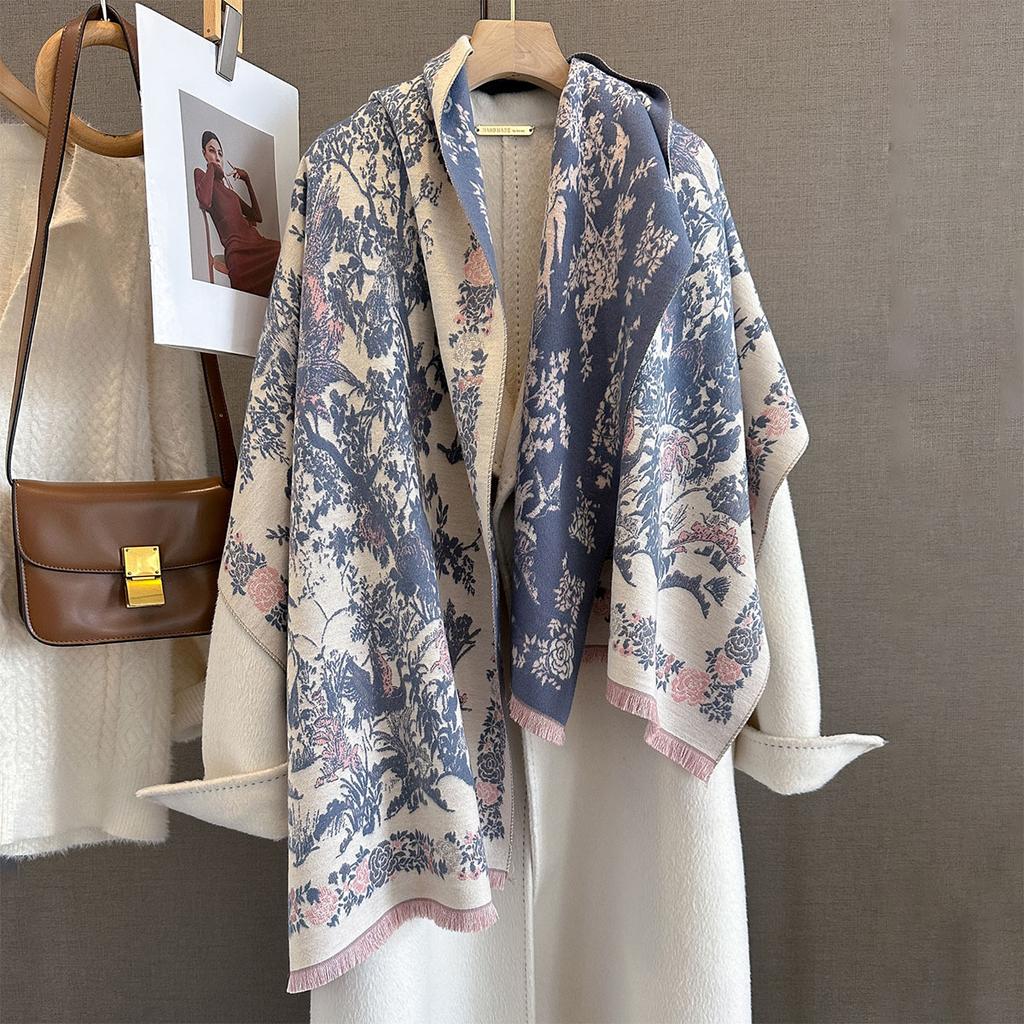 Retro Flower And Bird Printing Imitation Cashmere Autumn And Winter Warm Neck Protection Scarf Versatile Atmosphere Scarf