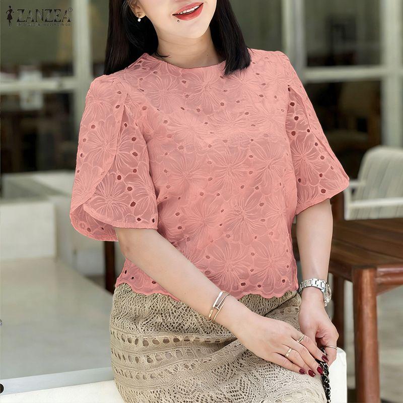 ZANZEA Women Casual Round Neck Short Sleeve Hollow Crochet Patchwork Blouse