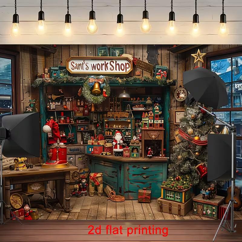 

2D Kids Christmas Party Backdrop Cloth Santa s Workshop Themed Wall Hanging 47.2x31.5inch/120*80cm