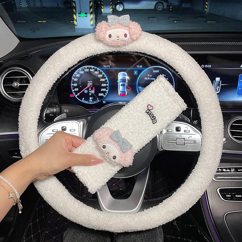 Cute Cartoon Bear Universal Car Steering Wheel Cover Winter Warm Faux lamb Plush Car Wheel Protector Decoration Women Girls