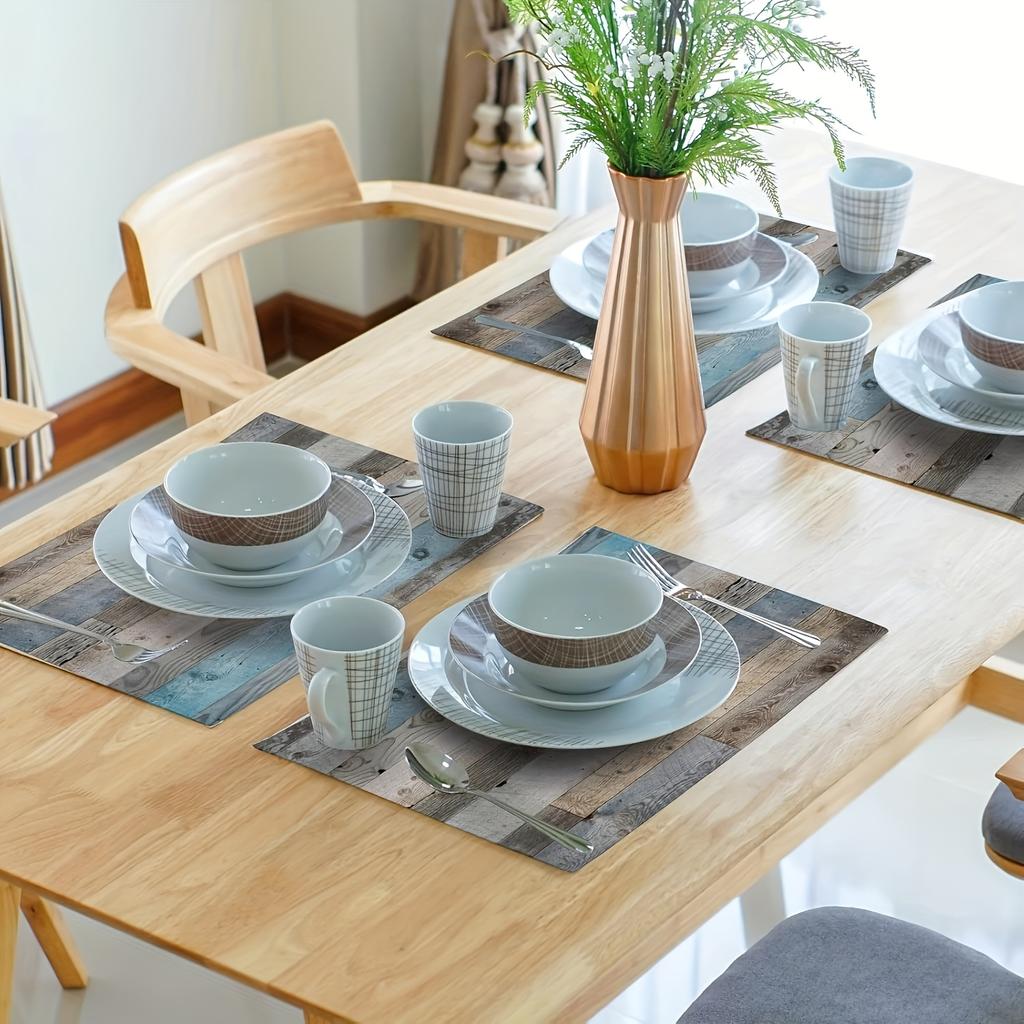 4/6pcs Farmhouse Wood Grain Placemats Set, Retro Barn Wood Grain Placemat, Rustic Cottage Style Heat Resistant Washable Placemats for Restaurant