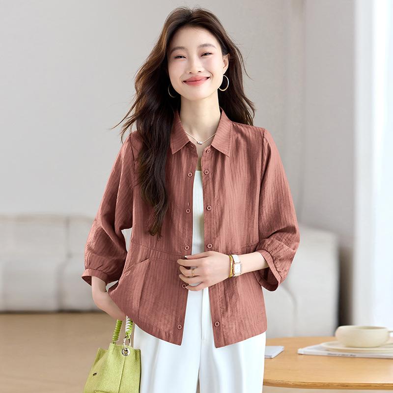 

Seven-quarter-sleeved shirt women s summer thin new medium polo collar temperament medium-sleeved Tencel top M червоний